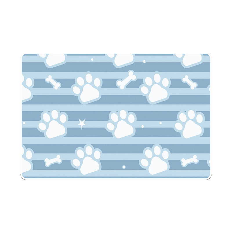 Pet mat with paw print and bone pattern on a blue striped background