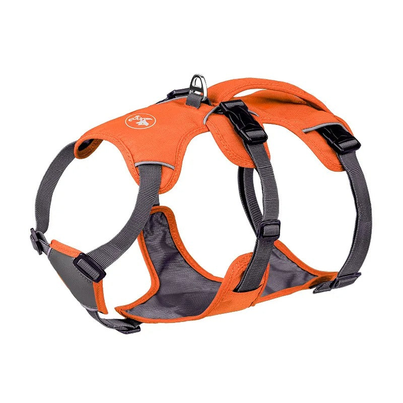 Orange and gray dog harness on a white background