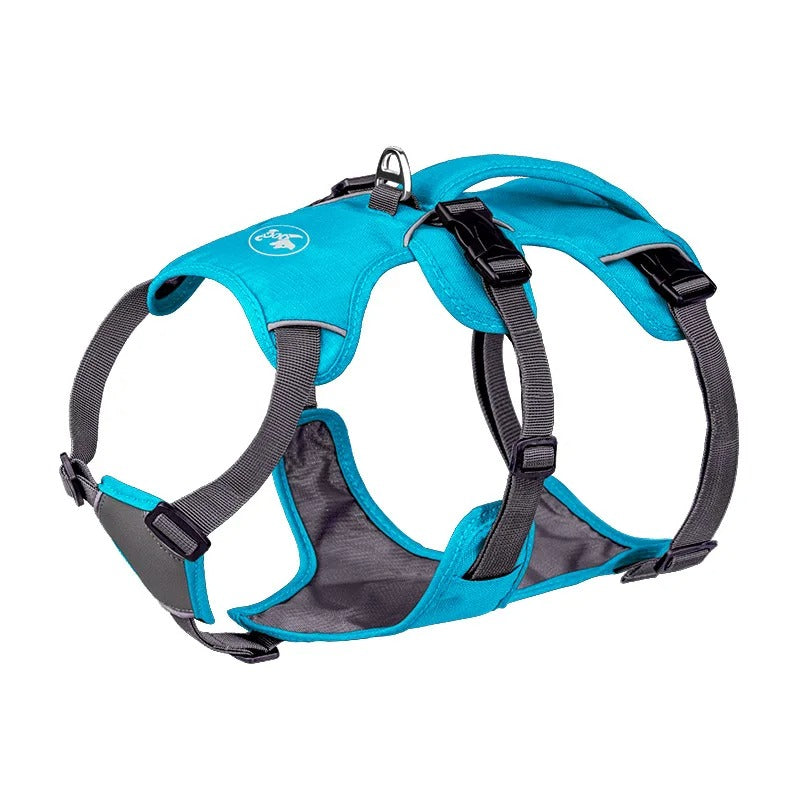 Blue and gray dog harness on a white background