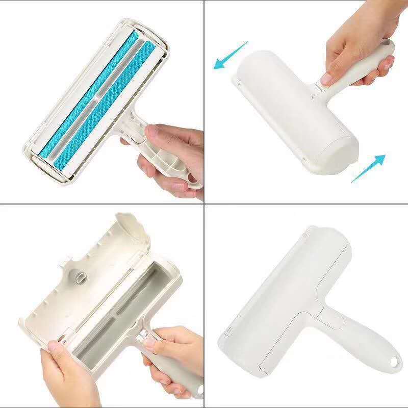 Collage of a cleaning tool with different views held by hands.