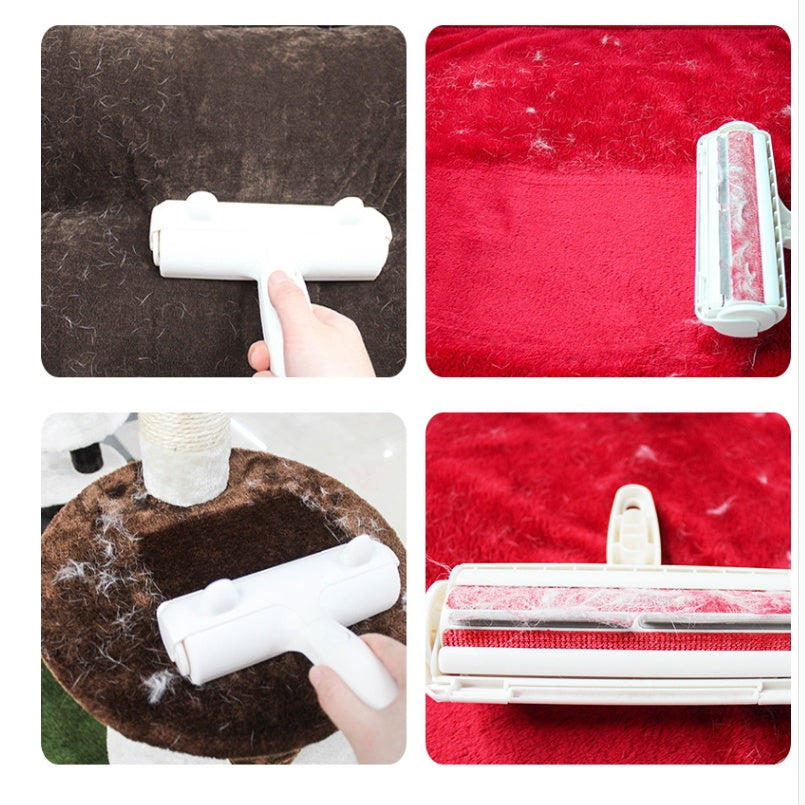 Cleaning roller being used on different surfaces with visible hair removal.