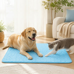 Dog and cat on a cool-touch fabric mat with text about its properties.