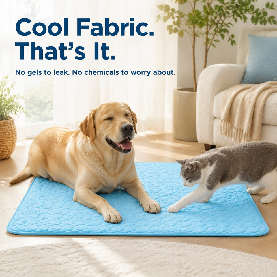 Dog and cat on a blue cooling pad with text about its benefits