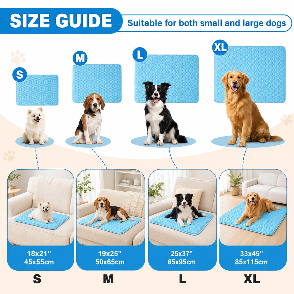 Size guide for pet cooling pads with dogs of different breeds and sizes.