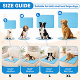 Size guide for pet cooling pads with dogs of different breeds and sizes.