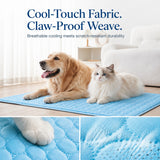 Dog and cat on a cool-touch fabric mat with text about its properties.