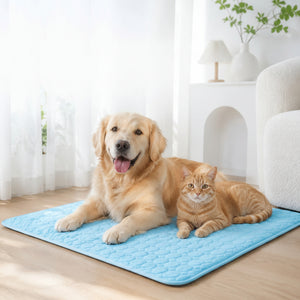 Dog and cat lying on a blue cooling pad with text about instant cool and zero chemicals.