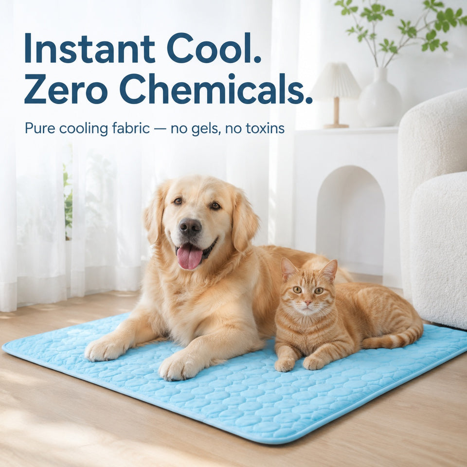 Dog and cat lying on a blue cooling pad with text about instant cool and zero chemicals.