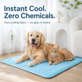Dog and cat lying on a blue cooling pad with text about instant cool and zero chemicals.