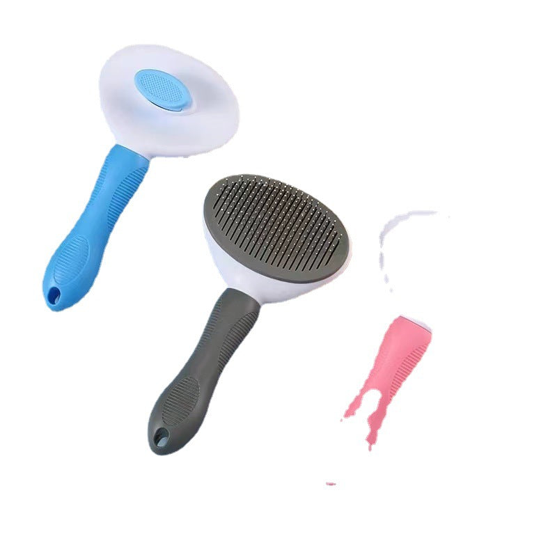 Set of pet grooming tools including a blue brush, gray brush, and pink comb on a white background.