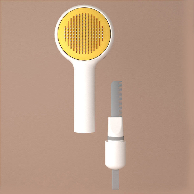 Handheld shower head with yellow filter disc on a brown background