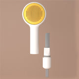 Handheld shower head with yellow filter disc on a brown background