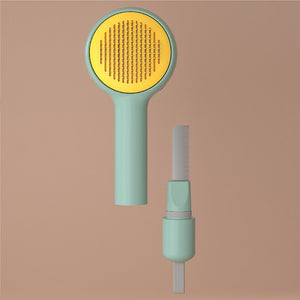 Green handheld showerhead with yellow interior on a brown background