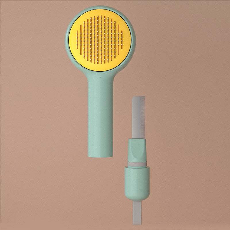 Green handheld showerhead with yellow interior on a brown background