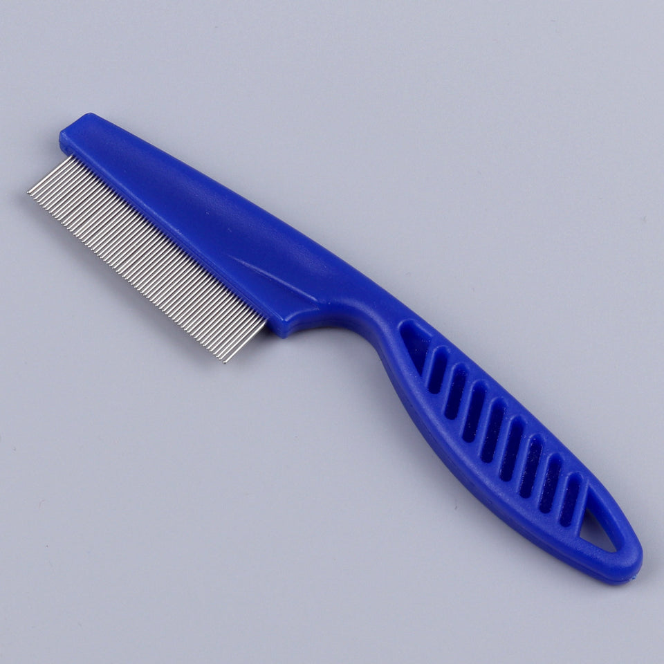 Blue pet comb with metal teeth on a gray background