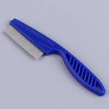 Blue pet comb with metal teeth on a gray background