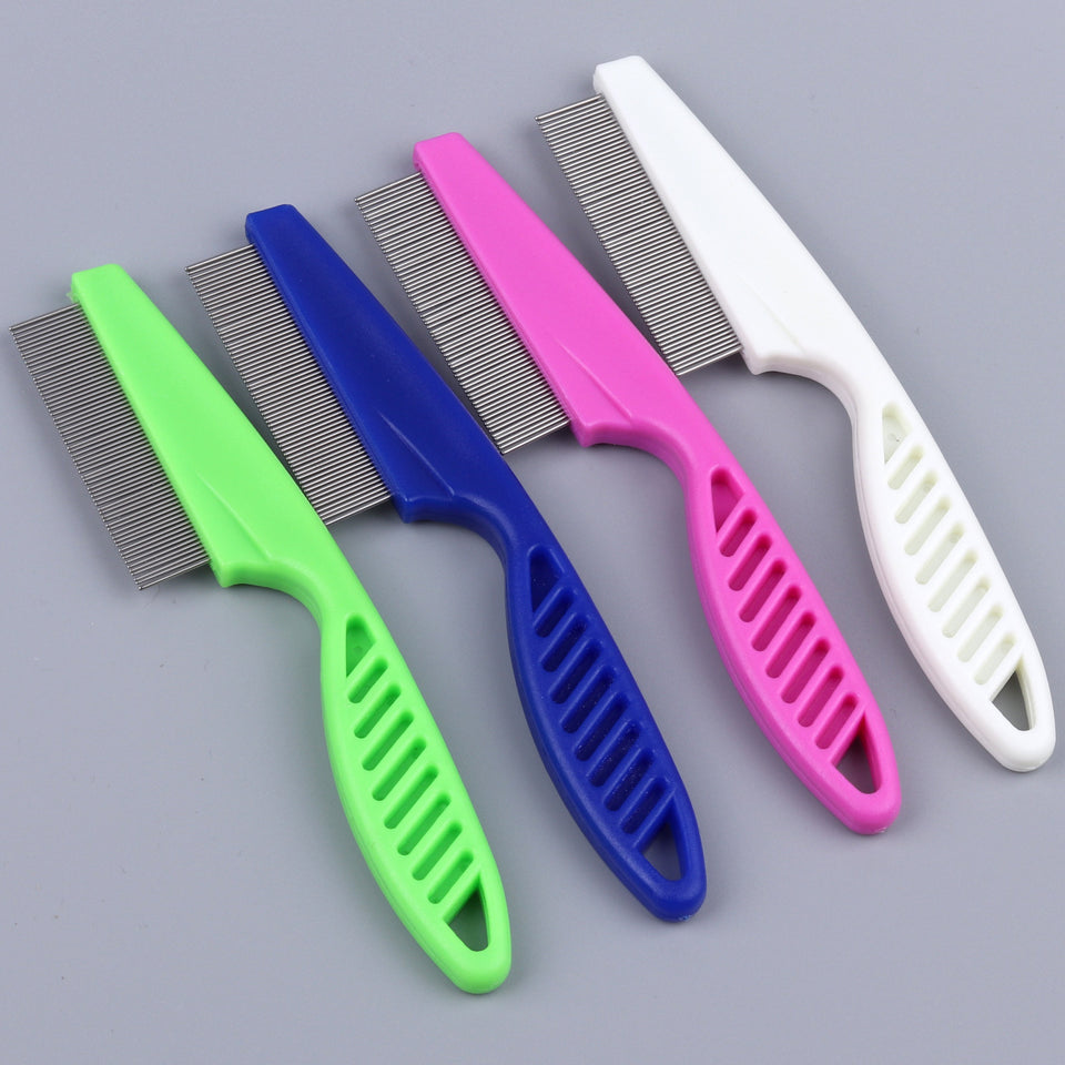 Set of five colorful pet grooming combs on a gray background