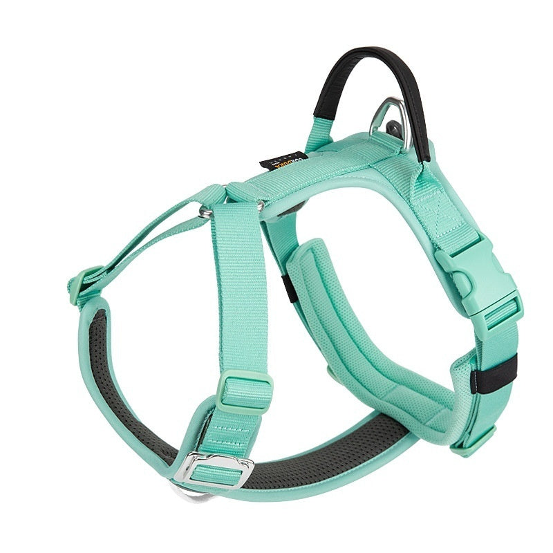 Mint green dog harness with black padding on a white background