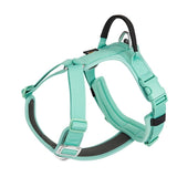 Mint green dog harness with black padding on a white background