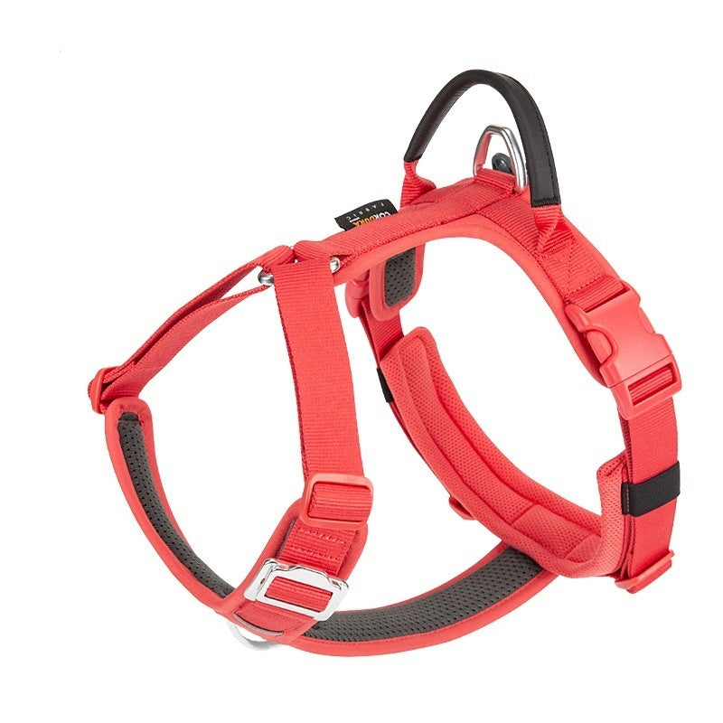 Red dog harness with black accents on a white background