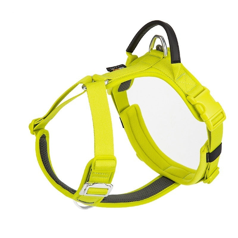 Yellow dog harness with black straps on a white background