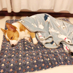 Dog sleeping under a blanket with animal patterns on a patterned rug.