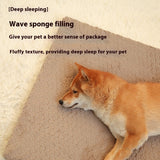 Dog lying on a fluffy textured blanket with text about wave sponge filling and deep sleep.