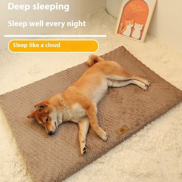 Dog lying on a plush brown mat with promotional text about deep sleeping and sleep quality.