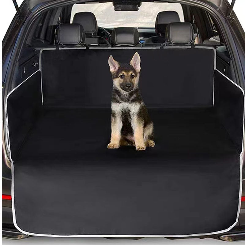 Dog sitting on a black car mat in the back of a vehicle
