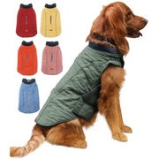 Dog wearing a green puffer jacket with color options displayed above.