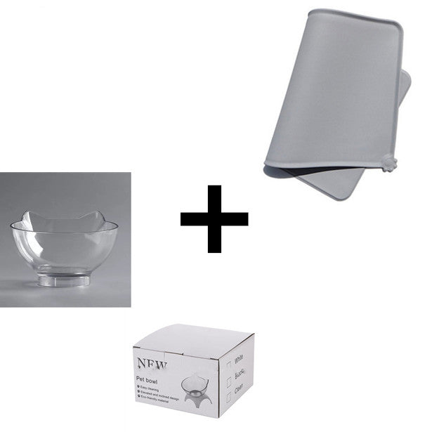 Clear pet bowl, gray pet mat, and NFW pet bowl packaging on a white background