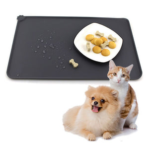 Pet food on a mat with a dog and cat sitting below