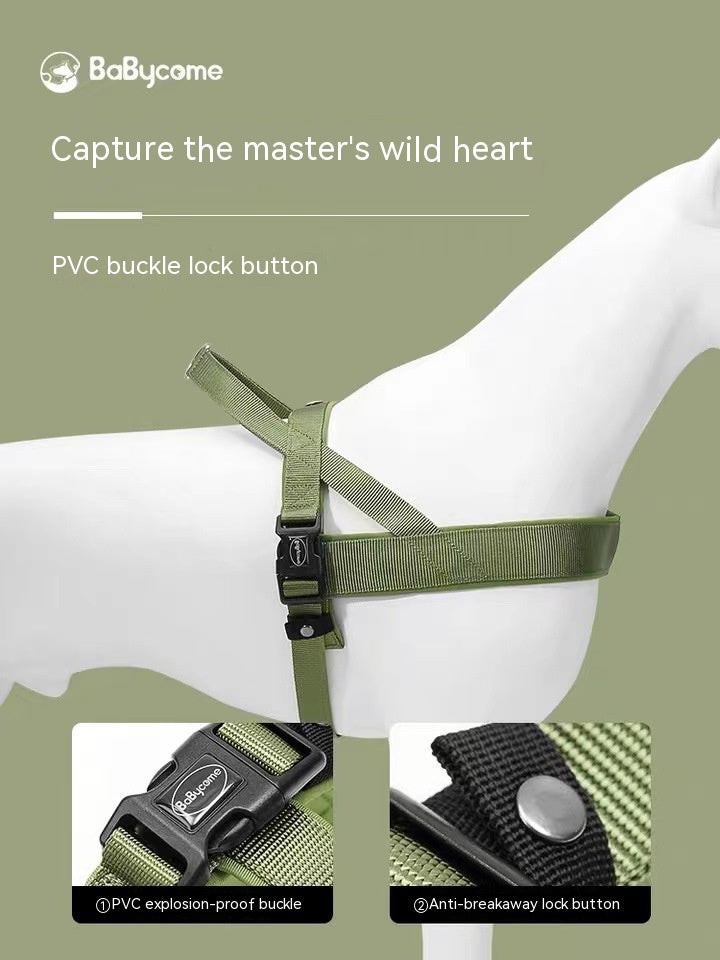 Dog harness with PVC buckle lock button on a green background, featuring the BaBycome brand.