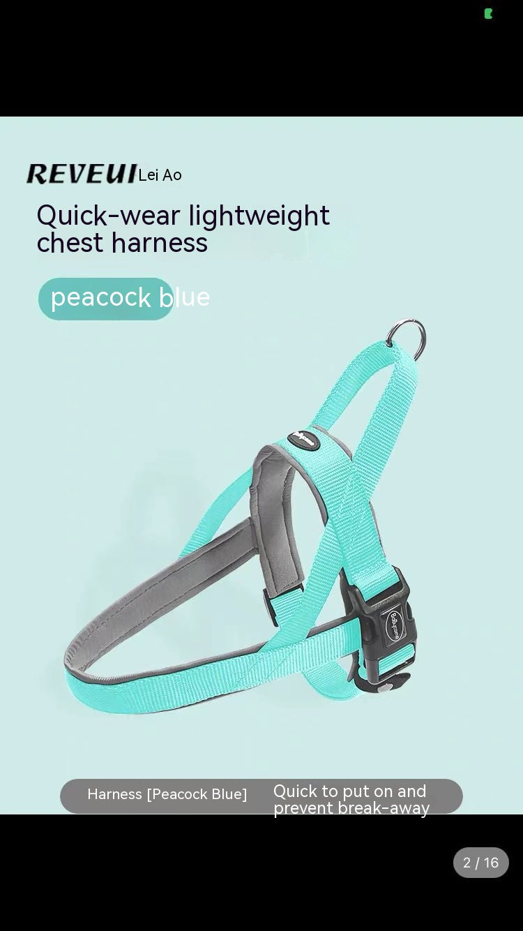 Teal and gray dog harness on a light blue background with text about the product.
