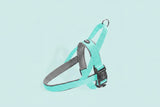 Teal and gray dog harness on a light blue background with text about the product.